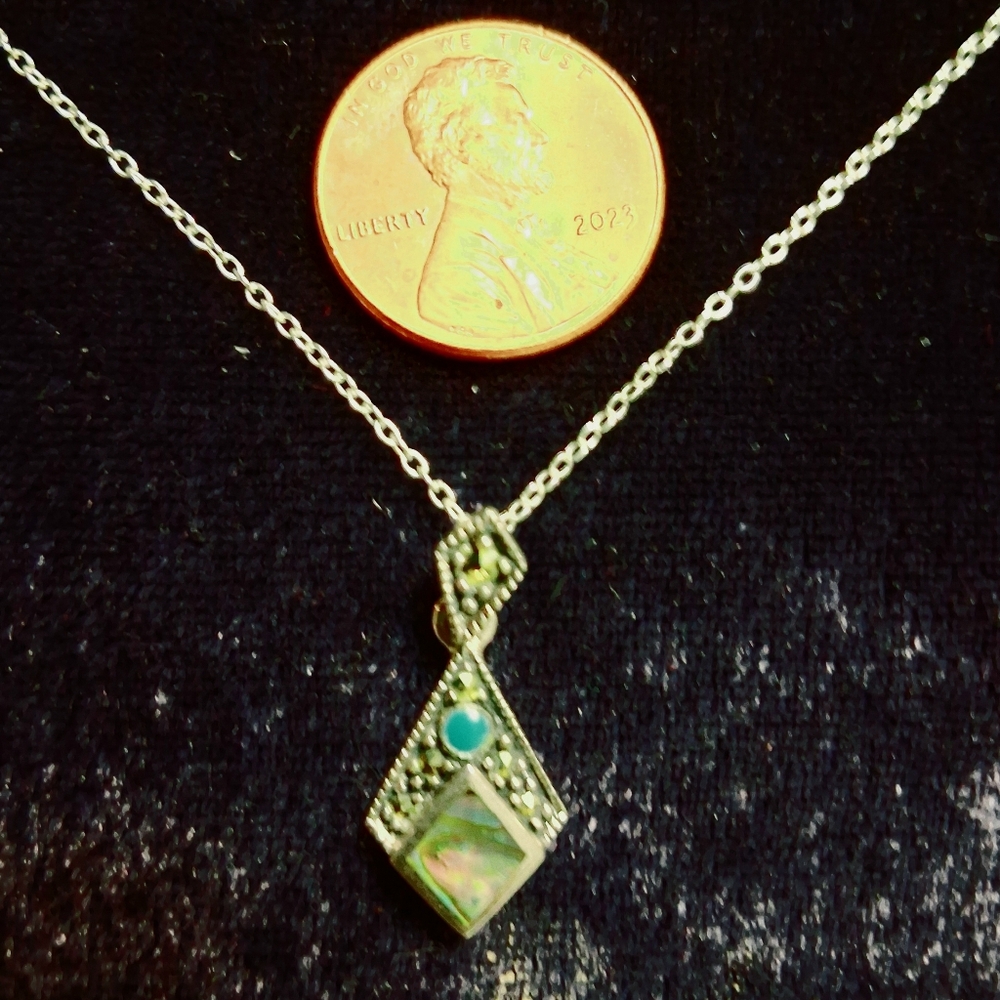 Silver Abalone Teardrop Pendant Necklace with Turquoise Accent